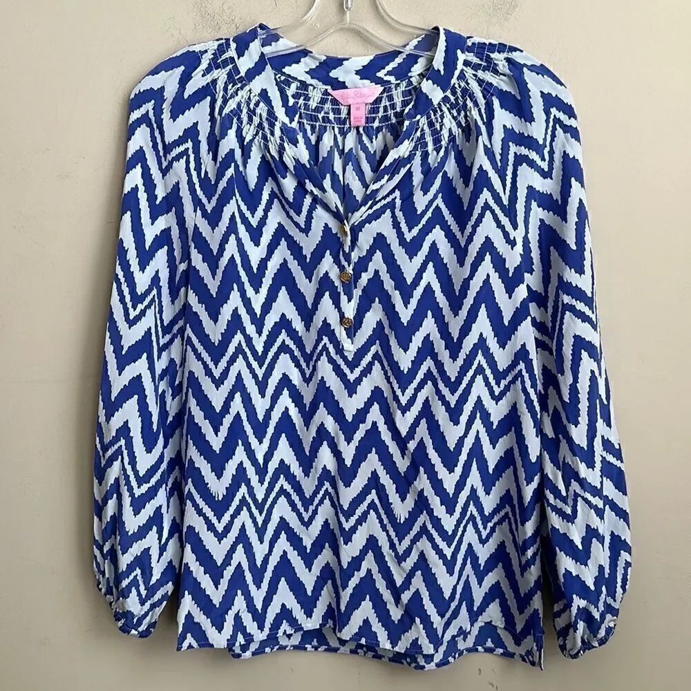 Lilly Pulitzer 100% Silk Blue White Chevron Elsa Blouse XS